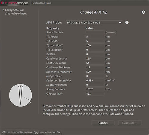 FusionScope Task Menu - Workflow for AFM tip exchange